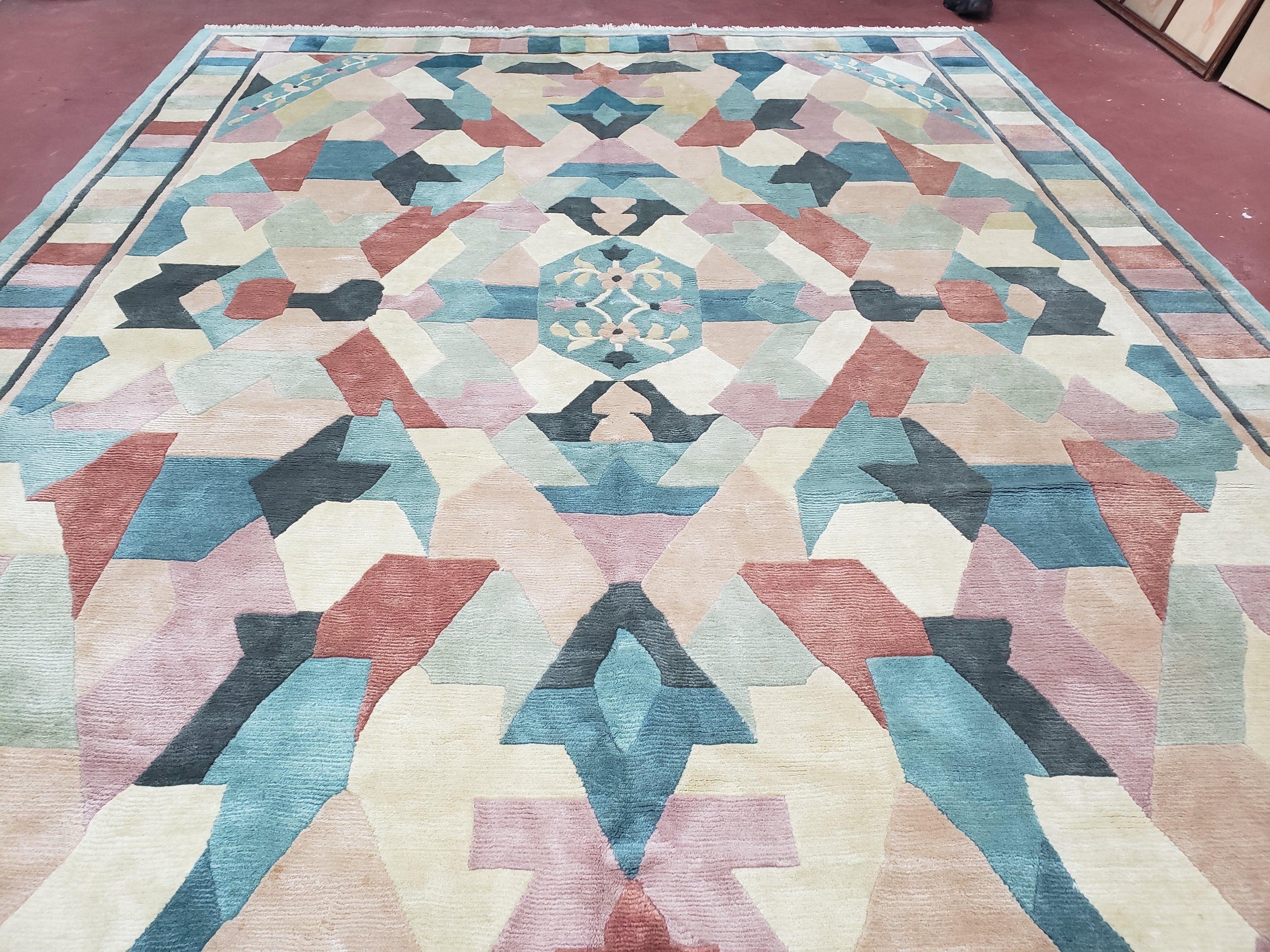 Contemporary Indian Nepalese Area Rug 8x11, Wool Hand-Knotted Modern Multicolor Nepali Abstract Carpet 8 x 11 Soft Playroom Nursery Room Rug