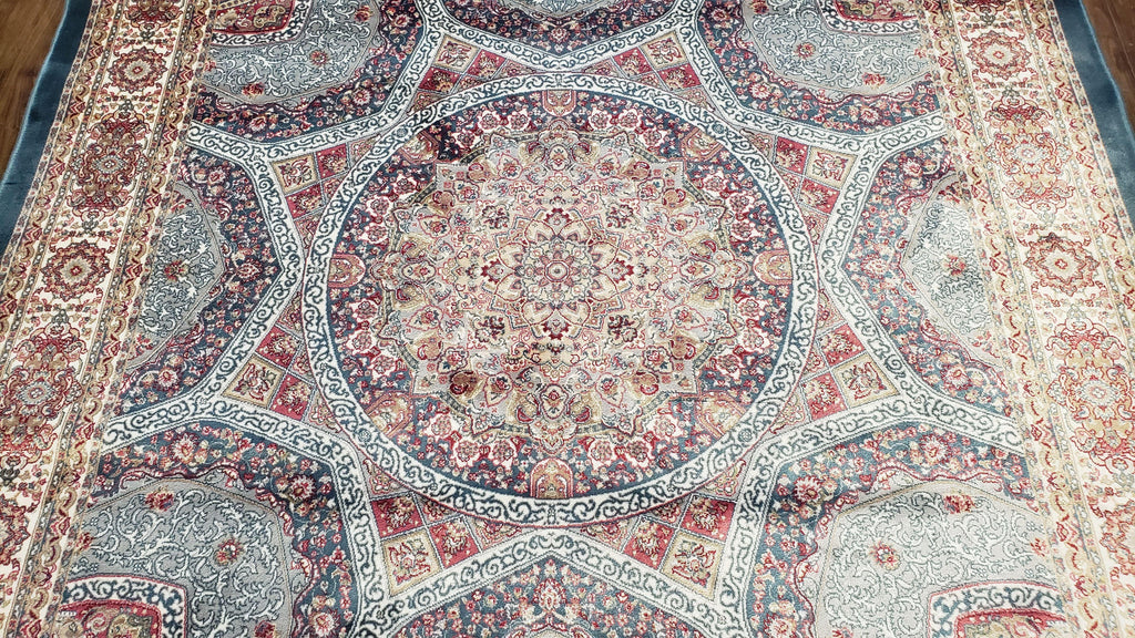 4x6 Silk Carpet, Light Blue & Beige Oriental Rug 4 x 6ft, Traditional Design Medallion All Over, Bamboo Silk, Super Fine, High Quality, Soft