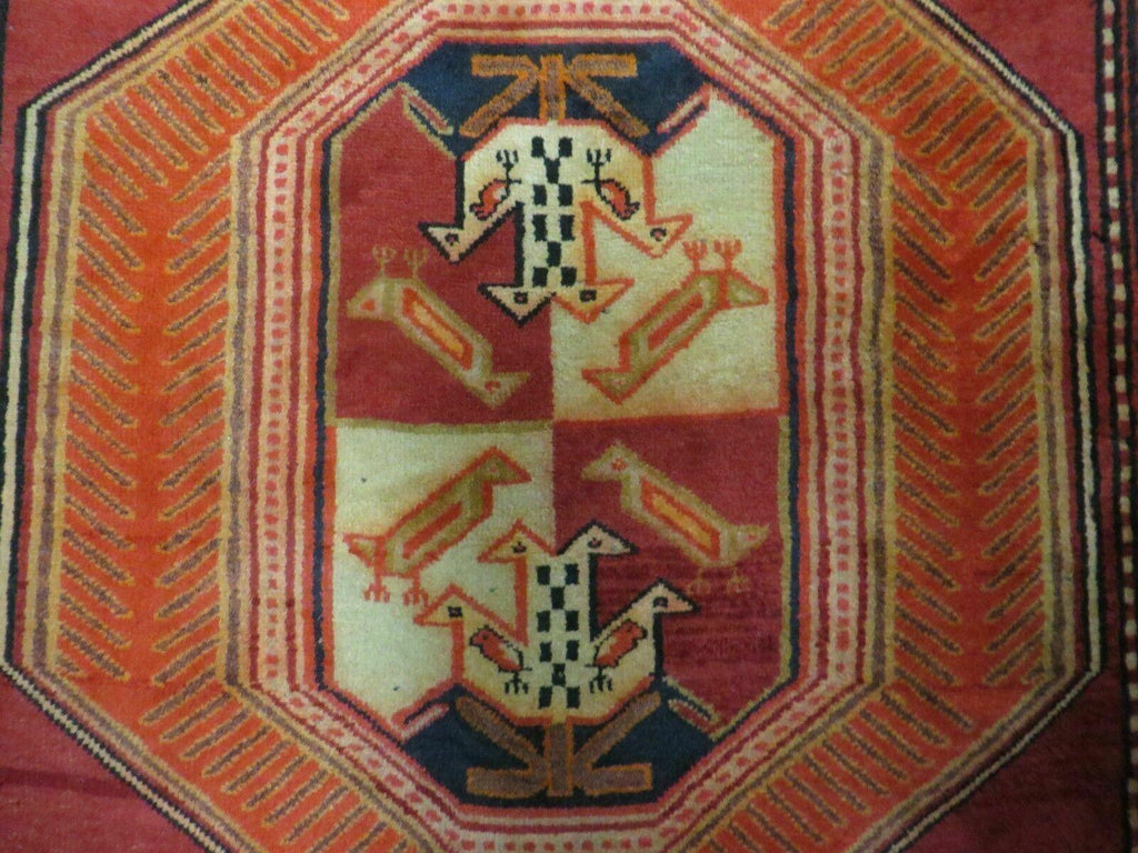 4' 10" X 11' Antique Handmade Turkish Kazak Wool Rug SHIELD Hand Knotted Red