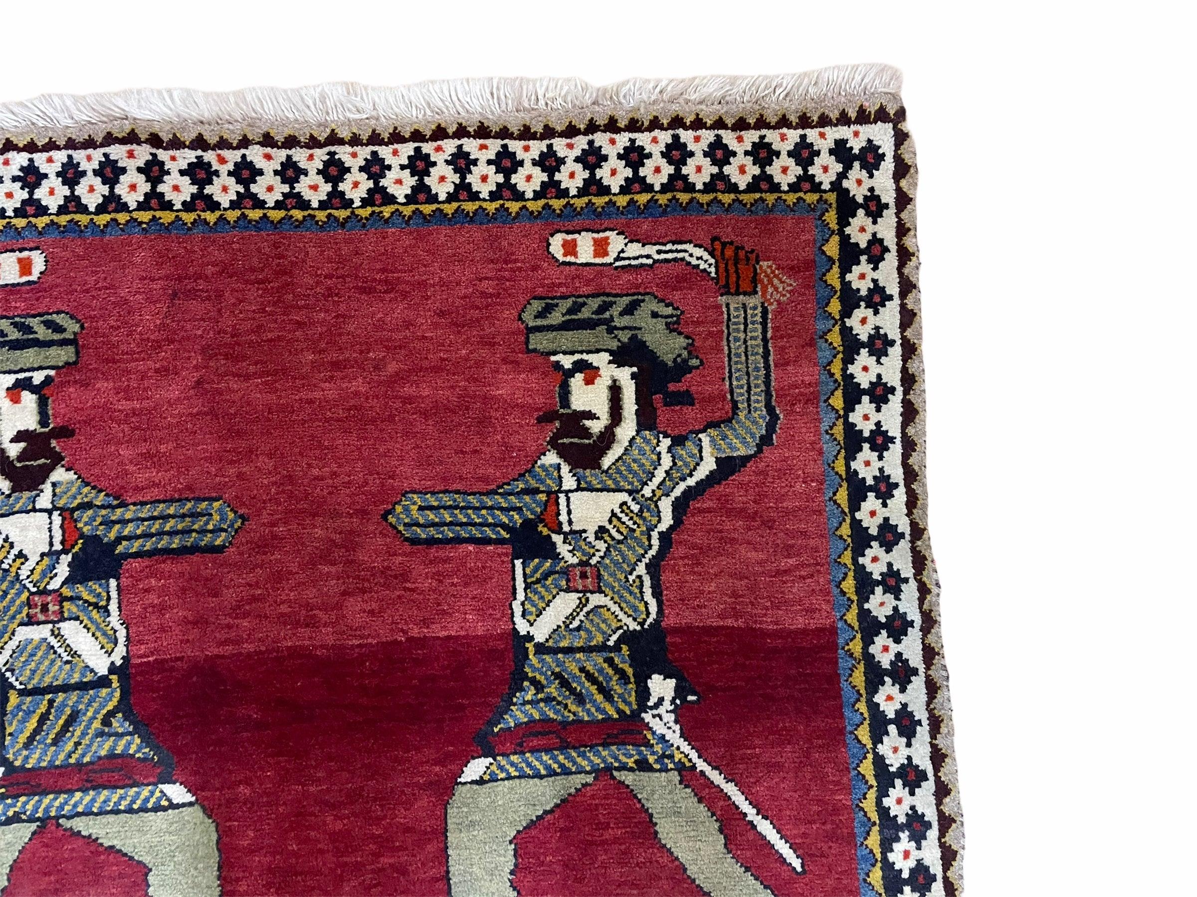 3 X 6 Handmade Wool Rug Tribal Balouch Warriors Deer Animal Pictorial Red Swords