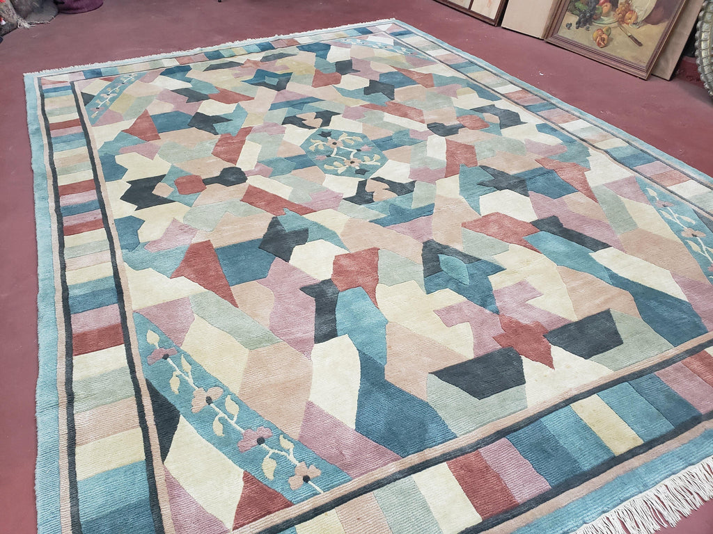Contemporary Indian Nepalese Area Rug 8x11, Wool Hand-Knotted Modern Multicolor Nepali Abstract Carpet 8 x 11 Soft Playroom Nursery Room Rug