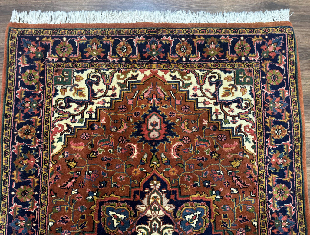 Indo Persian Heriz Rug 4x6, Rust Red Navy Blue and Cream