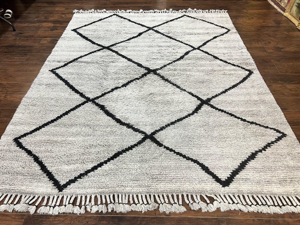 Modern Shag Rug 8x10, Gray and Black, Wool and Cotton, Lulu and Georgia, Handmade Indian Shag Rug