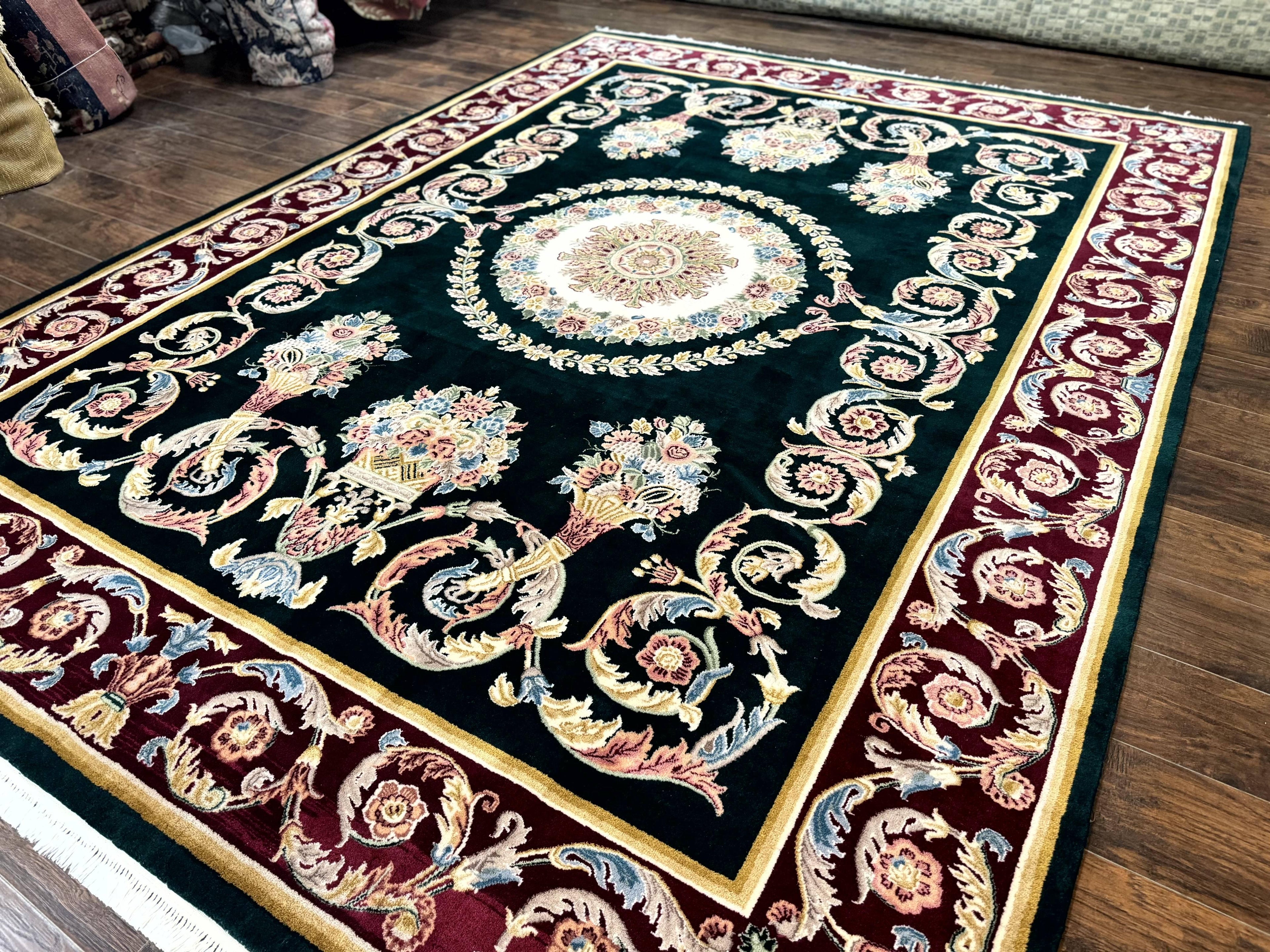 Aubusson Rug 9x12, Dark Green, European Design, Vintage Fine Handmade Carpet, Elegant