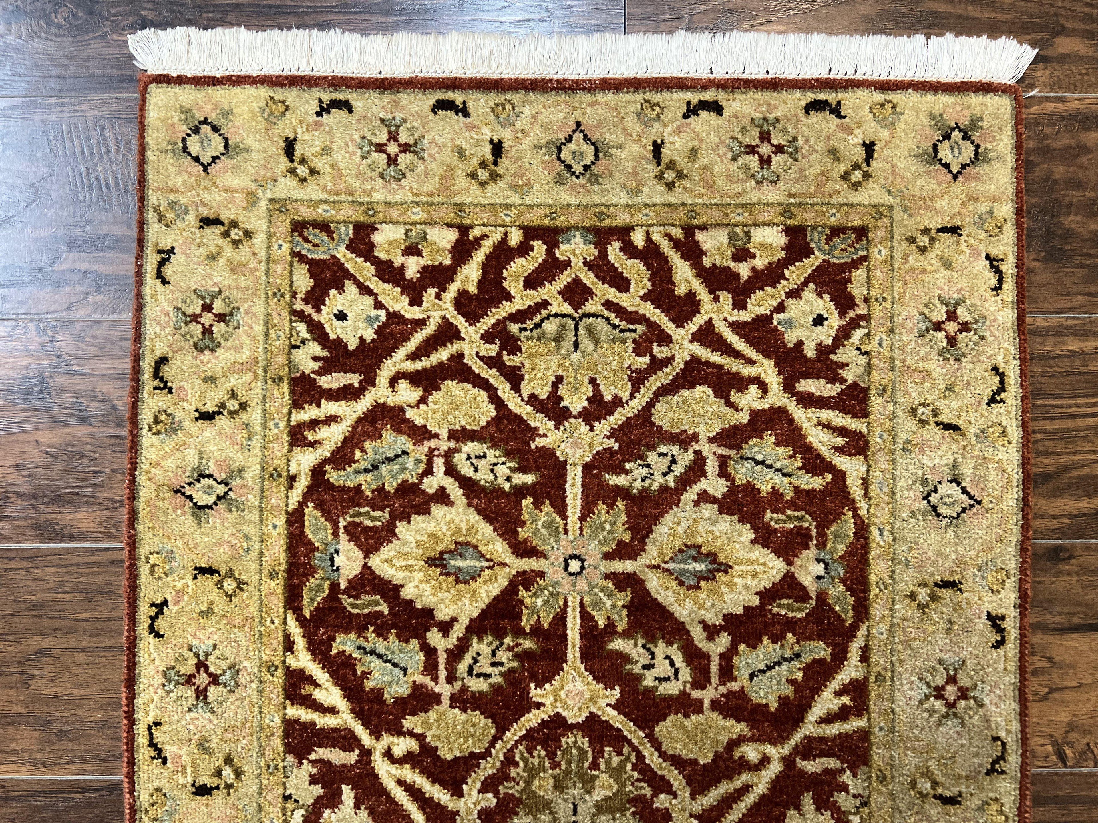 Pakistani Chobi Runner Rug 2.6 x 8, Pak Persian Oriental Rug for Hallway, Maroon Tan-Gold, Handmade Wool 8ft Runner for Hallway, Vintage Rug