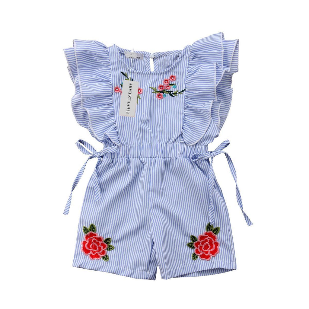 Summer Toddler Baby Girl Romper/ jumpsuit Short Petal Sleeve Elastic Waist Floral Print Striped Blue Lace Dress