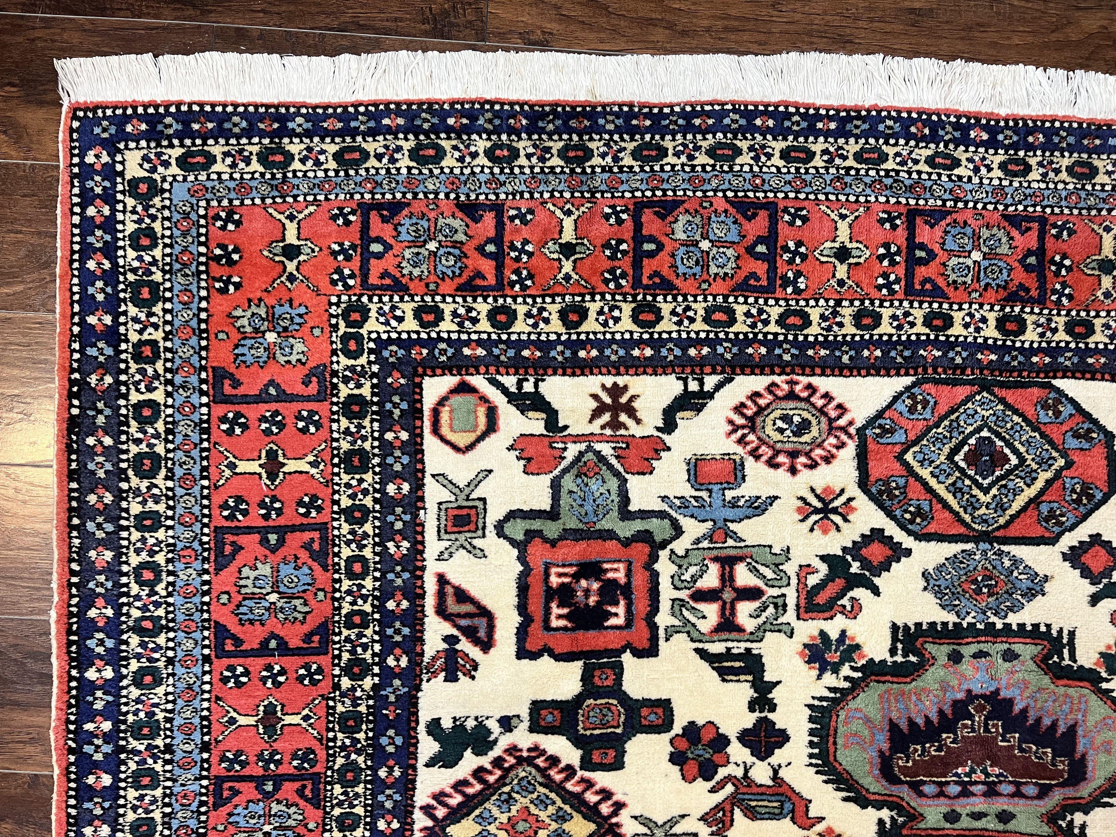 Persian Tribal Rug 8x11, Persian Ardabil Rug, Geometric Medallion Animal Pictorial Rug, Ivory Red Blue, Hand Knotted Vintage Wool Carpet