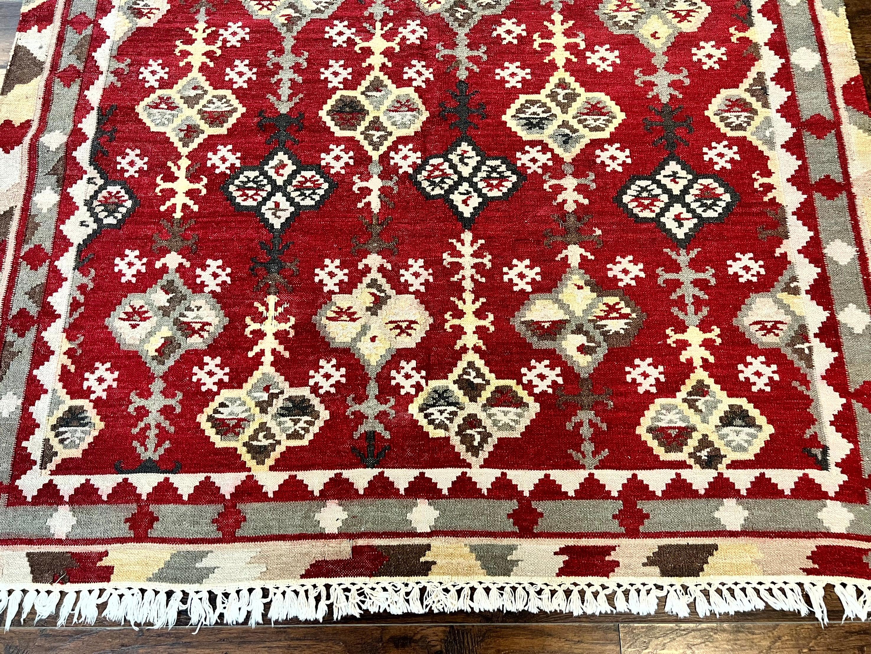 Indian Kilim Rug 6x6, Square Kilim Flatweave Carpet, Vintage Handmade Wool Rug, Red