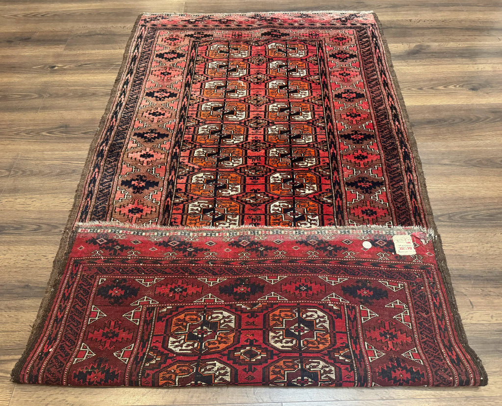 Antique Turkoman Rug 3.7 x 6.7, Red, Wool Runner Rug