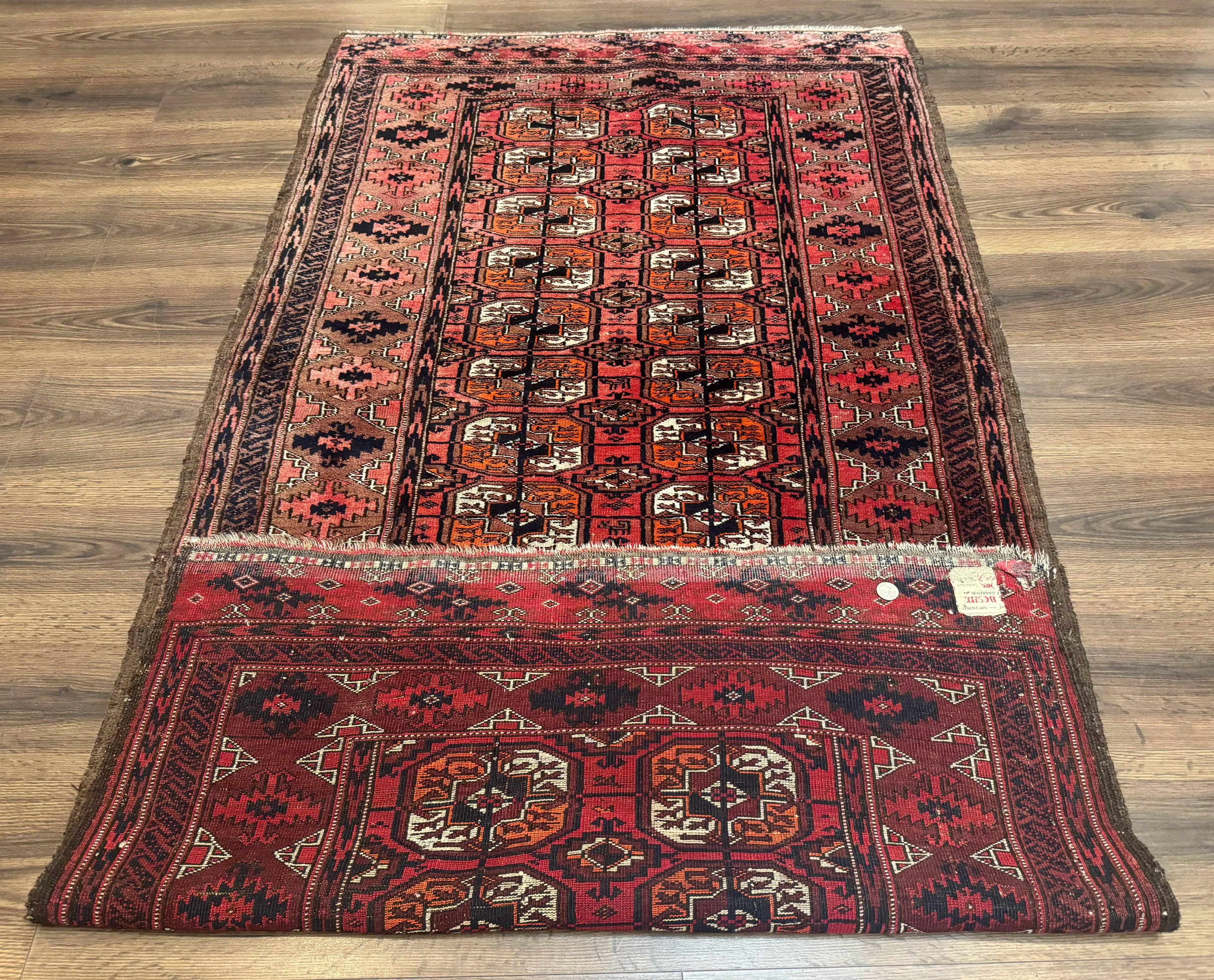 Antique Turkoman Rug 3.7 x 6.7, Red, Wool Runner Rug