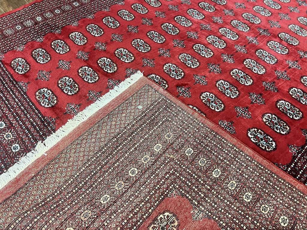 Turkoman Rug 8 x 11.6, Red Bokhara Pakistani Carpet, Wool Handmade Vintage Rug