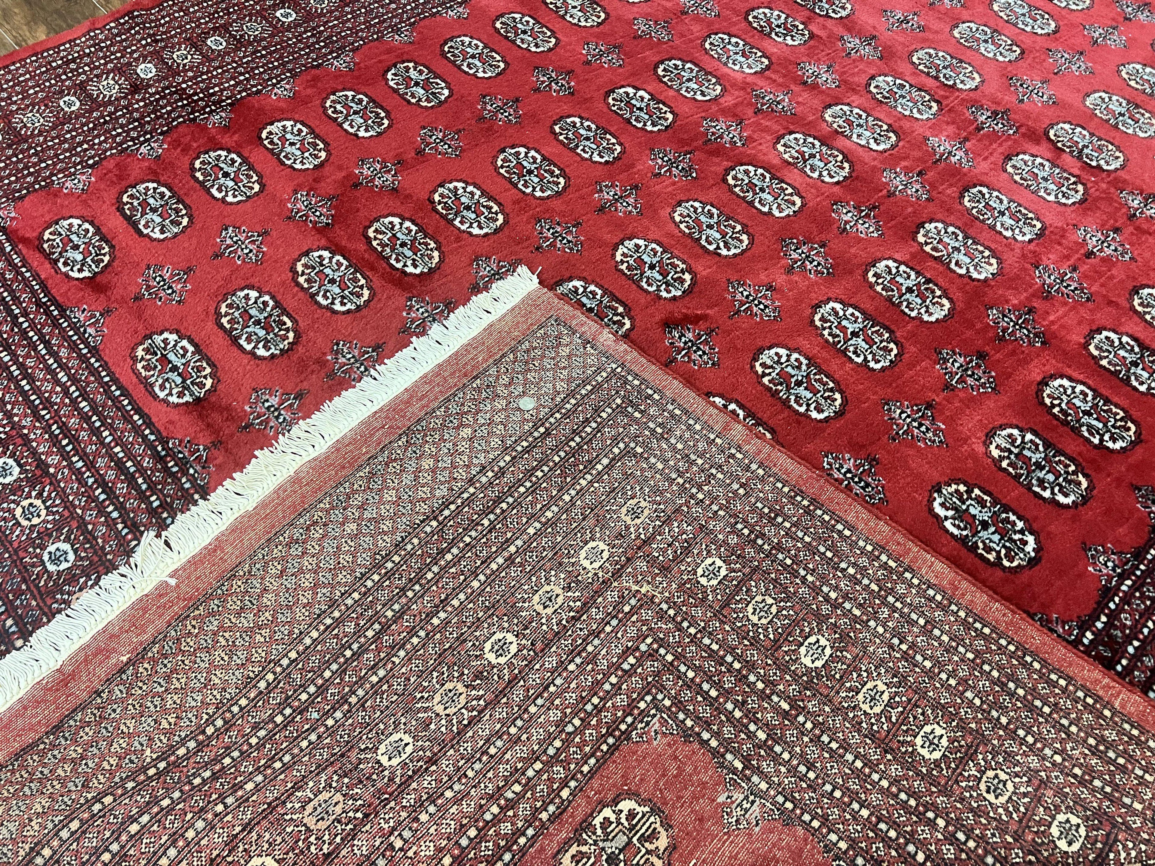 Turkoman Rug 8 x 11.6, Red Bokhara Pakistani Carpet, Wool Handmade Vintage Rug