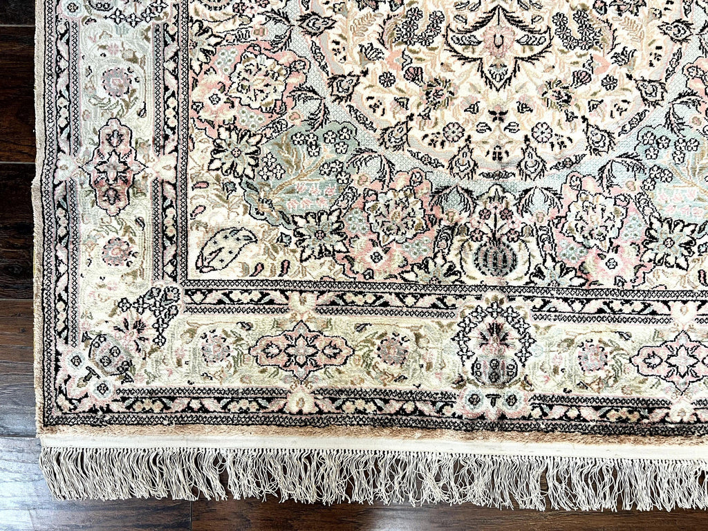 Silk Indian Kashmiri Rug 4x6, Handmade, Ivory, Fine 240 KPSI