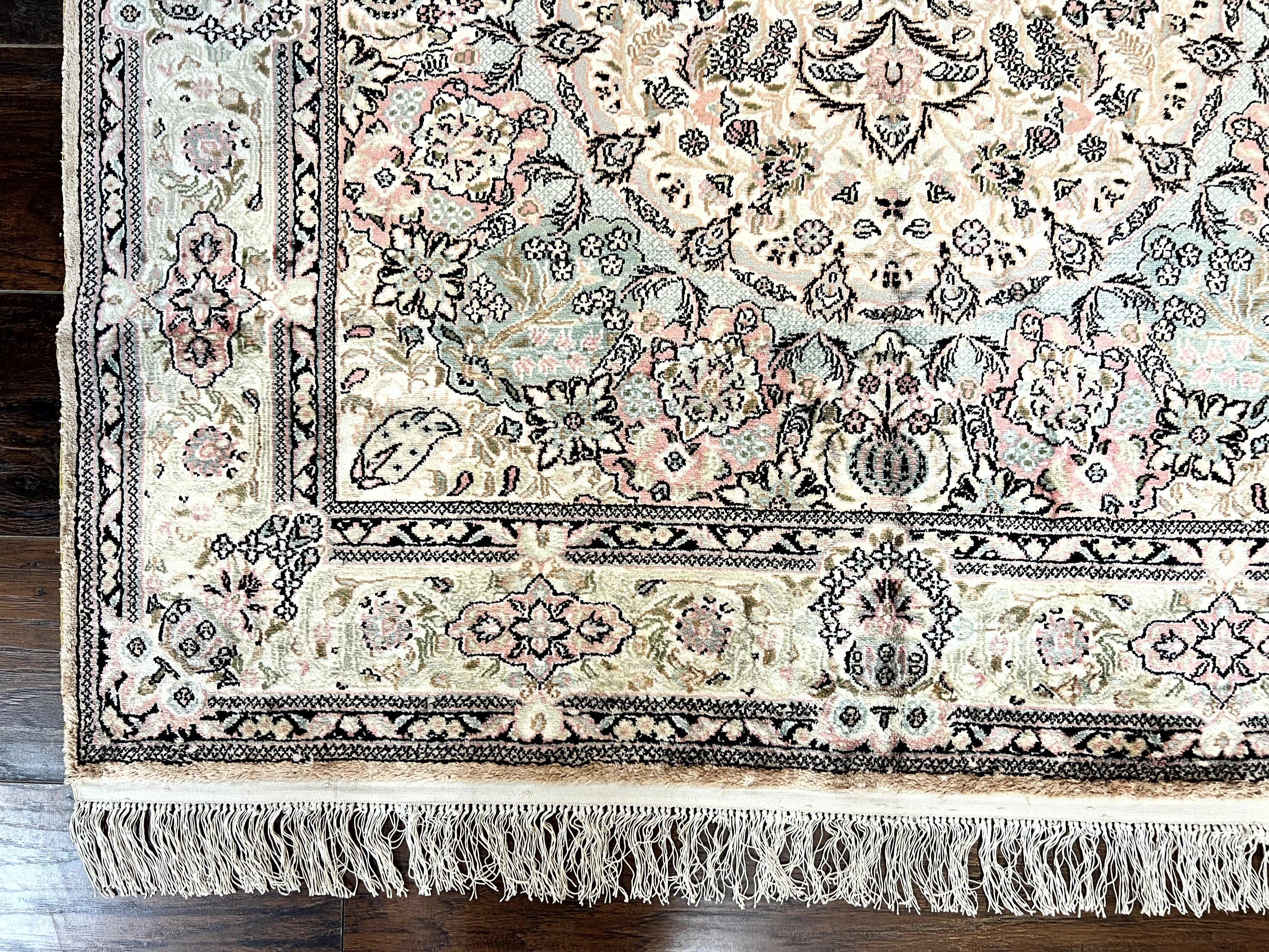 Silk Indian Kashmiri Rug 4x6, Handmade, Ivory, Fine 240 KPSI