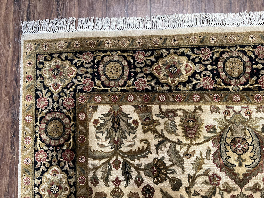 Indo Mahal Rug 6x9, Indian Floral Carpet 6 x 9, Beige and Black, Allover Design, Living Room Rug, Bedroom Rug, Traditional Rug, Vintage Rug