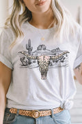 Longhorn Skull Western Desert Scene Graphic Tee T-Shirt