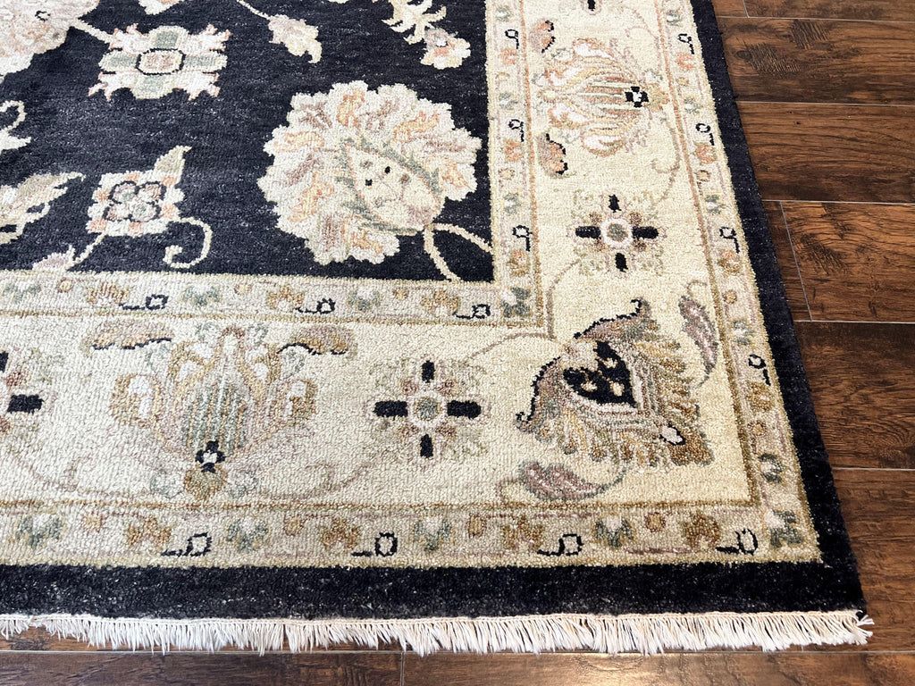 Indo Mahal Rug 8x10, Black and Beige, Vintage Rug 8 x 10 ft, Floral, Handmade Wool Carpet
