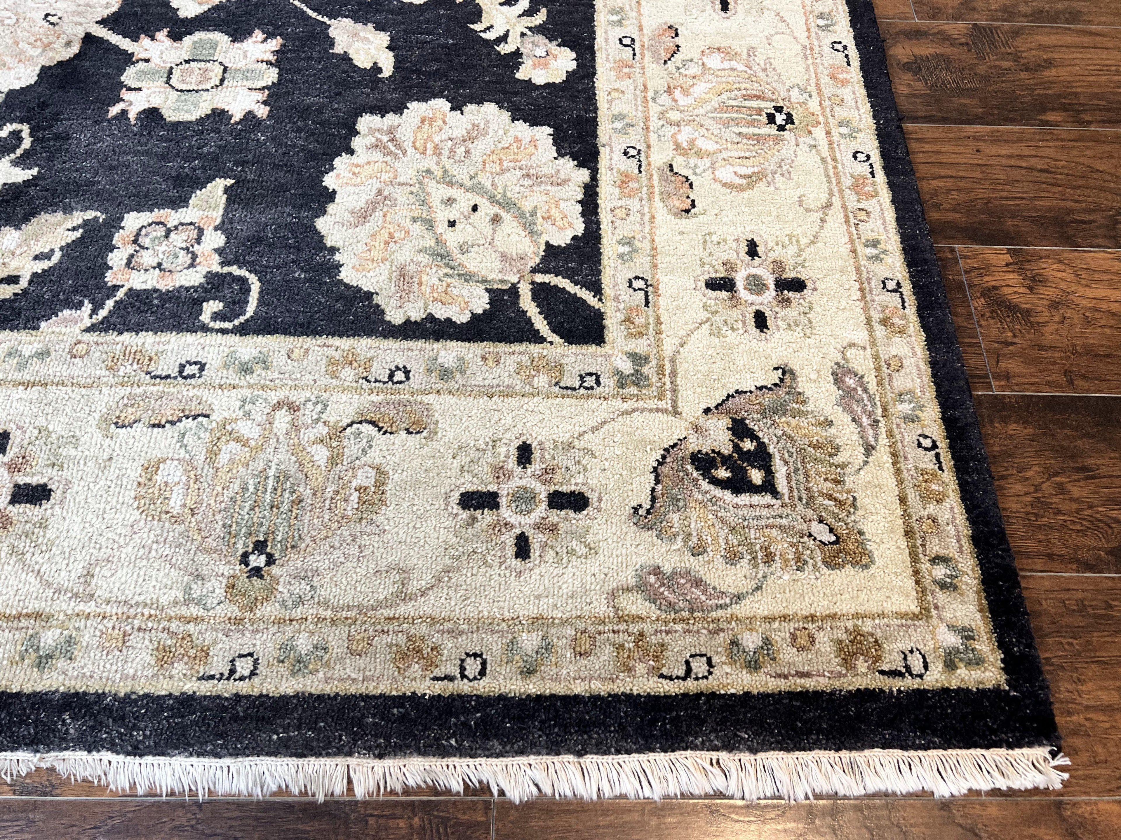 Indo Mahal Rug 8x10, Black and Beige, Vintage Rug 8 x 10 ft, Floral, Handmade Wool Carpet