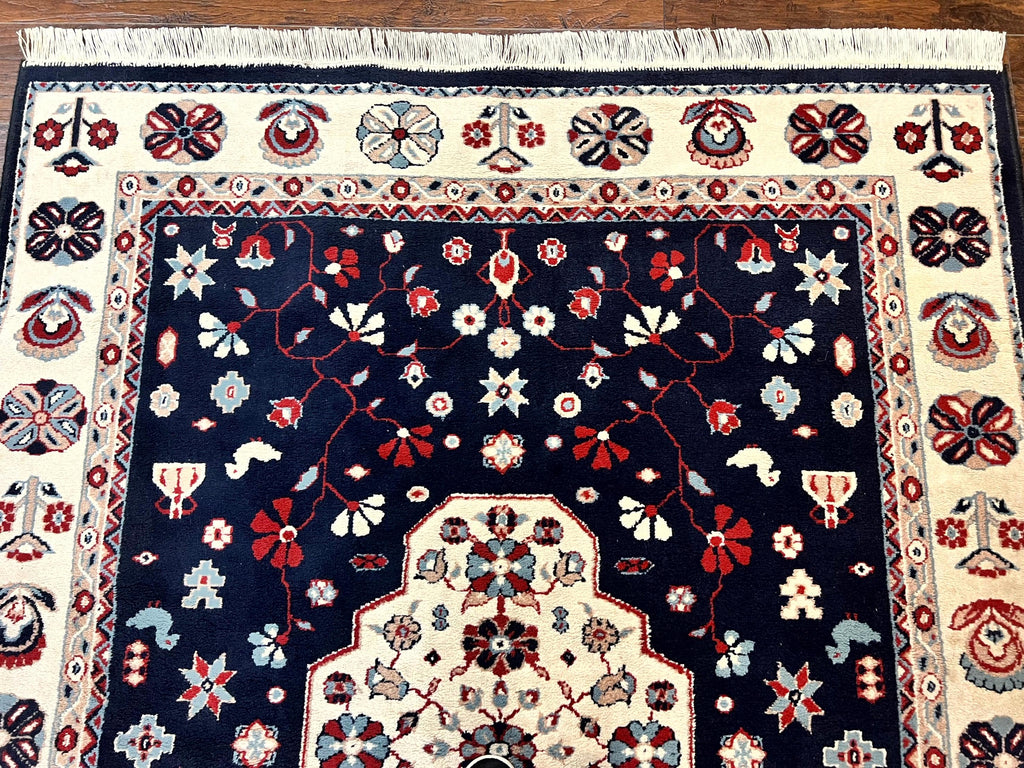 Belgium Power Loomed Rug 5.6 x 7, Navy Blue and Ivory, Heriz Pattern, Vintage Oriental Carpet