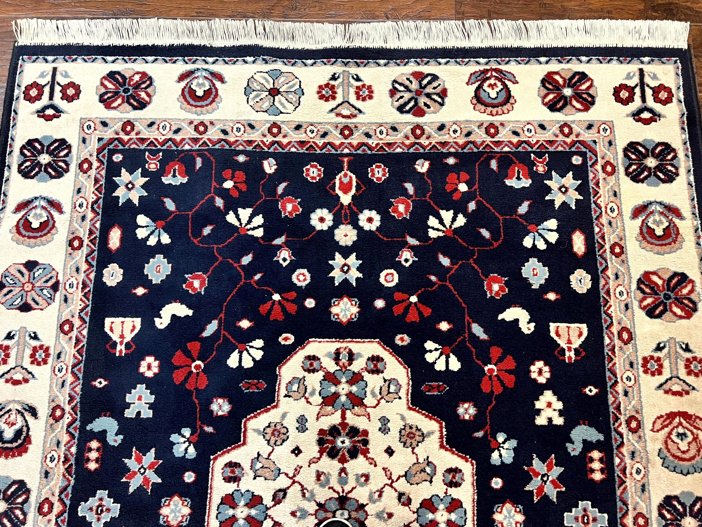 Belgium Power Loomed Rug 5.6 x 7, Navy Blue and Ivory, Heriz Pattern, Vintage Oriental Carpet