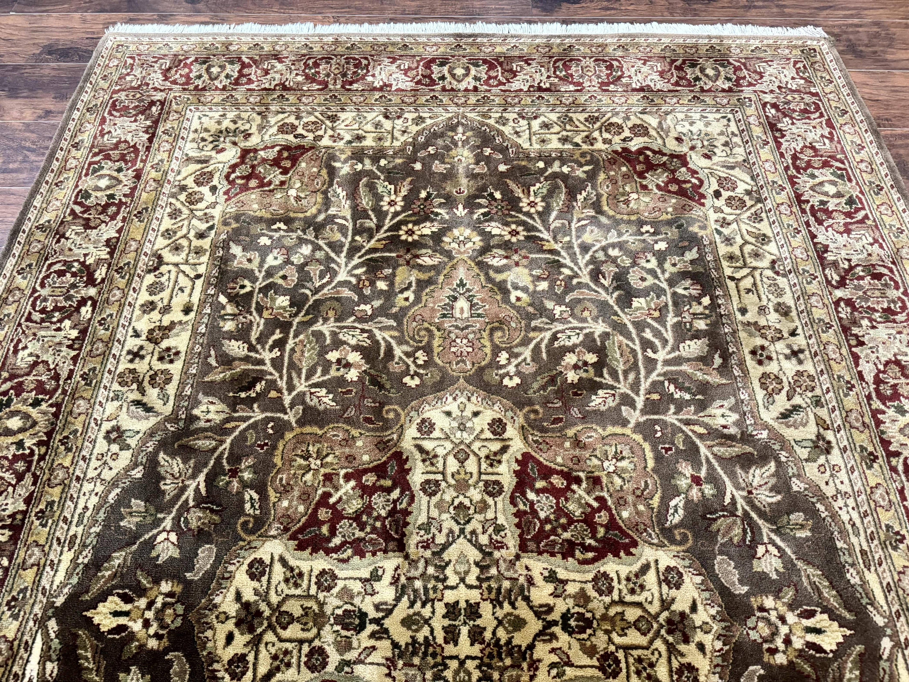 Indo Persian Rug 6x9, Wool Handmade Vintage Rug, Floral Cross Pattern