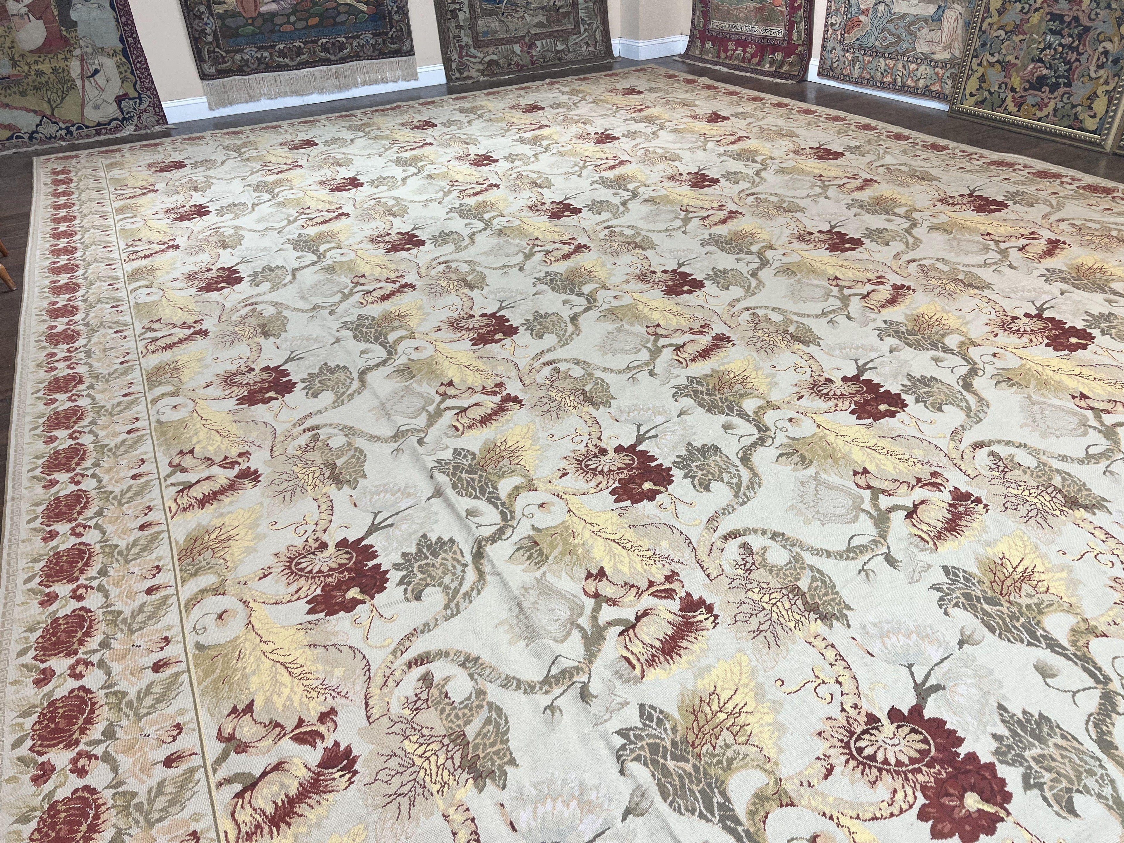 Extra Large Needlepoint Rug 14 x 20, Vintage Handwoven Handmade Wool Flatweave Carpet, Allover Floral Pattern, Elegant European Deisgn Rug