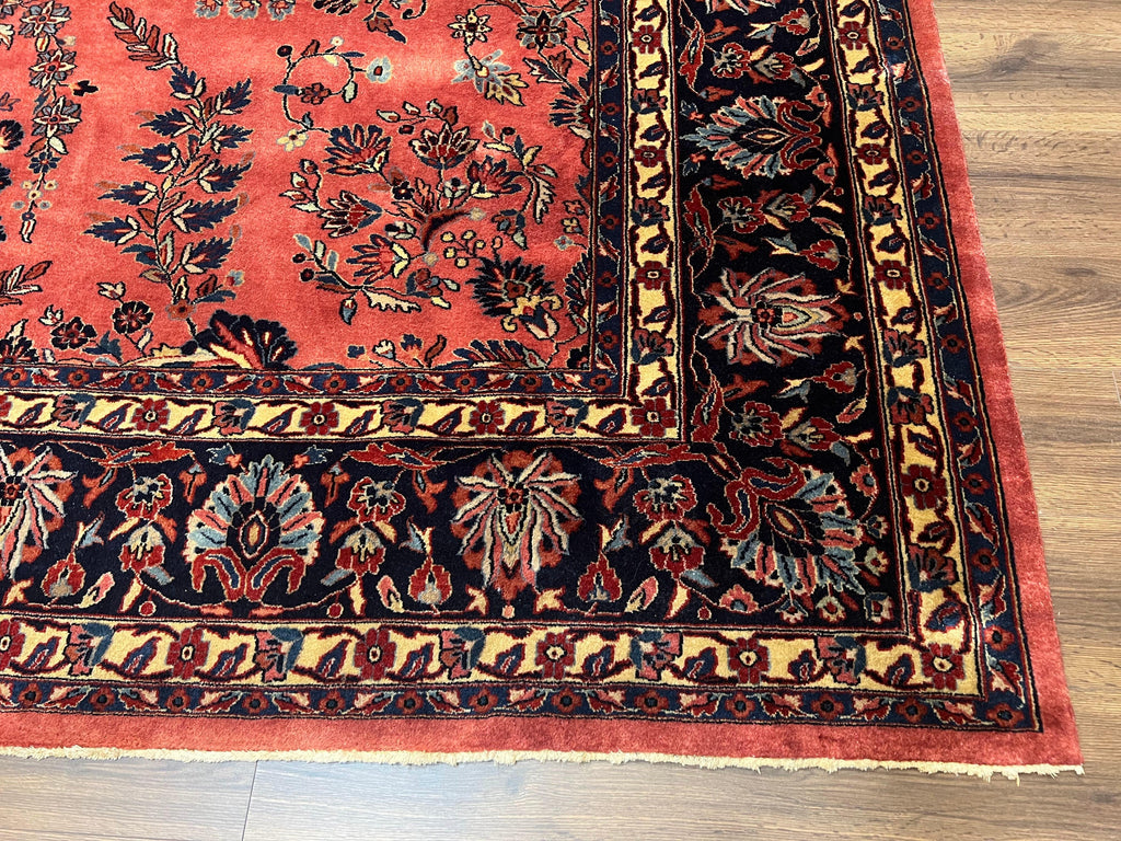 Indo Sarouk Rug 10x14, Vintage Indian Persian Area Rug 10 x 14, Wool Hand-Knotted Oriental Carpet, Red Floral Allover Large Rug, Beautiful