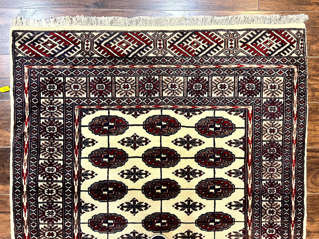 Pakistani Bokhara Rug 4x6, Turkoman Carpet, Vintage Handmade Wool Rug, Ivory