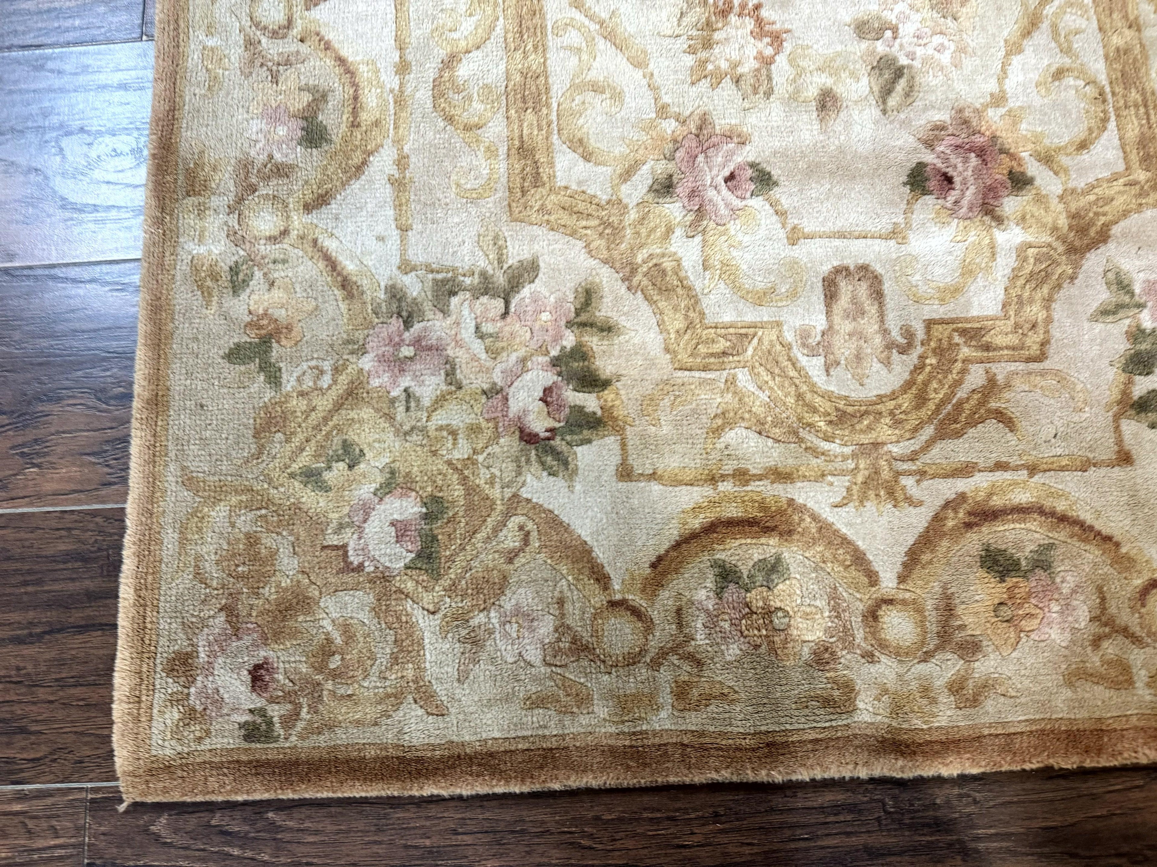Chinese Aubusson Rug 3.6 x 5, Beige and Gold, Handmade Vintage Elegant European Design Carpet, Plush Wool, Handmade