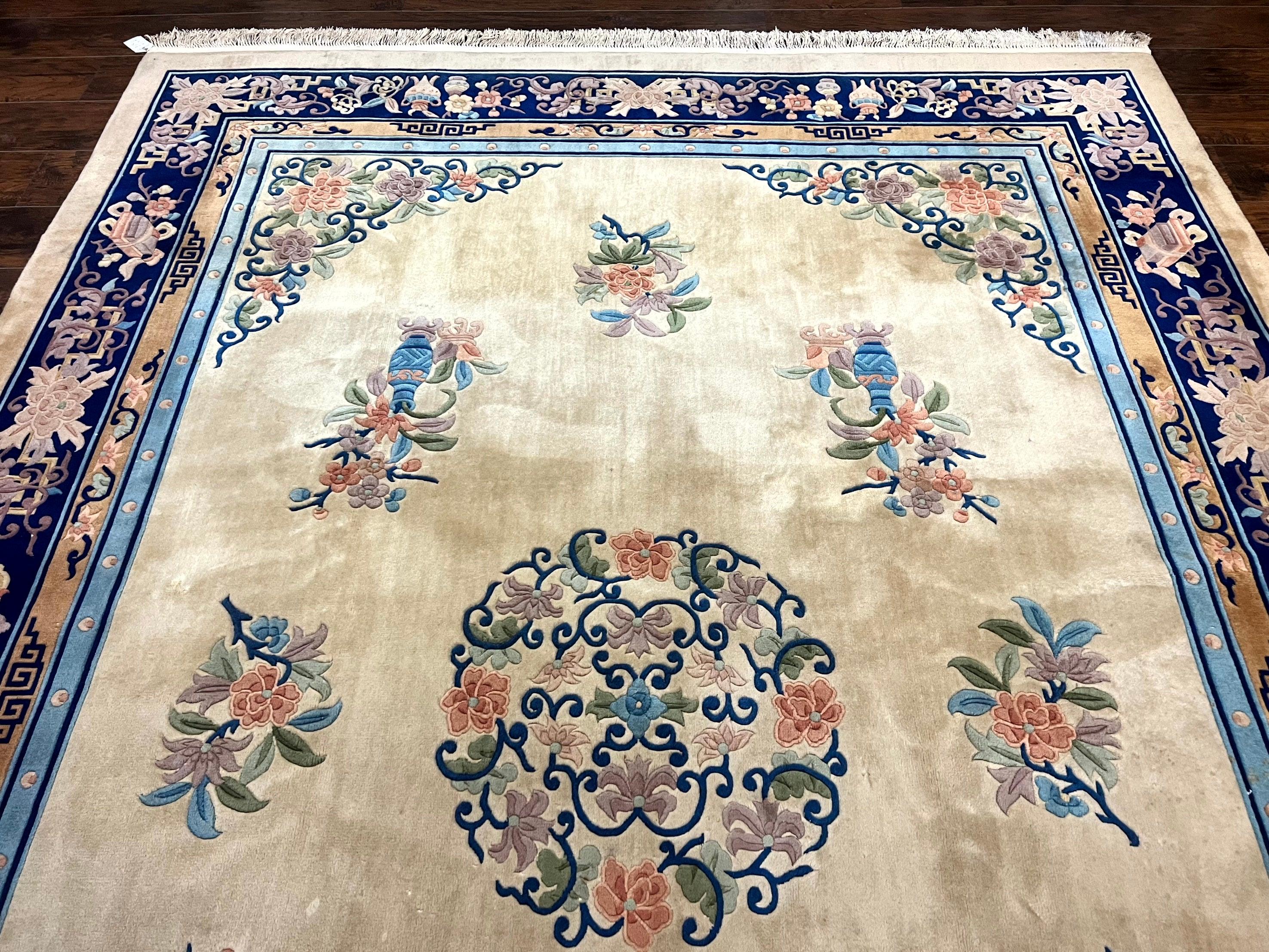 Chinese Wool Rug 8x11, Peking Asian Oriental Carpet, Cream/Ivory and Blue, Vintage Handmade Rug, Art Deco Rug