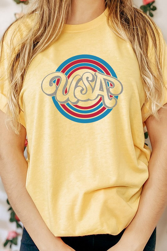 USA Patriotic Blue Red Circles July Graphic Tee T-Shirt