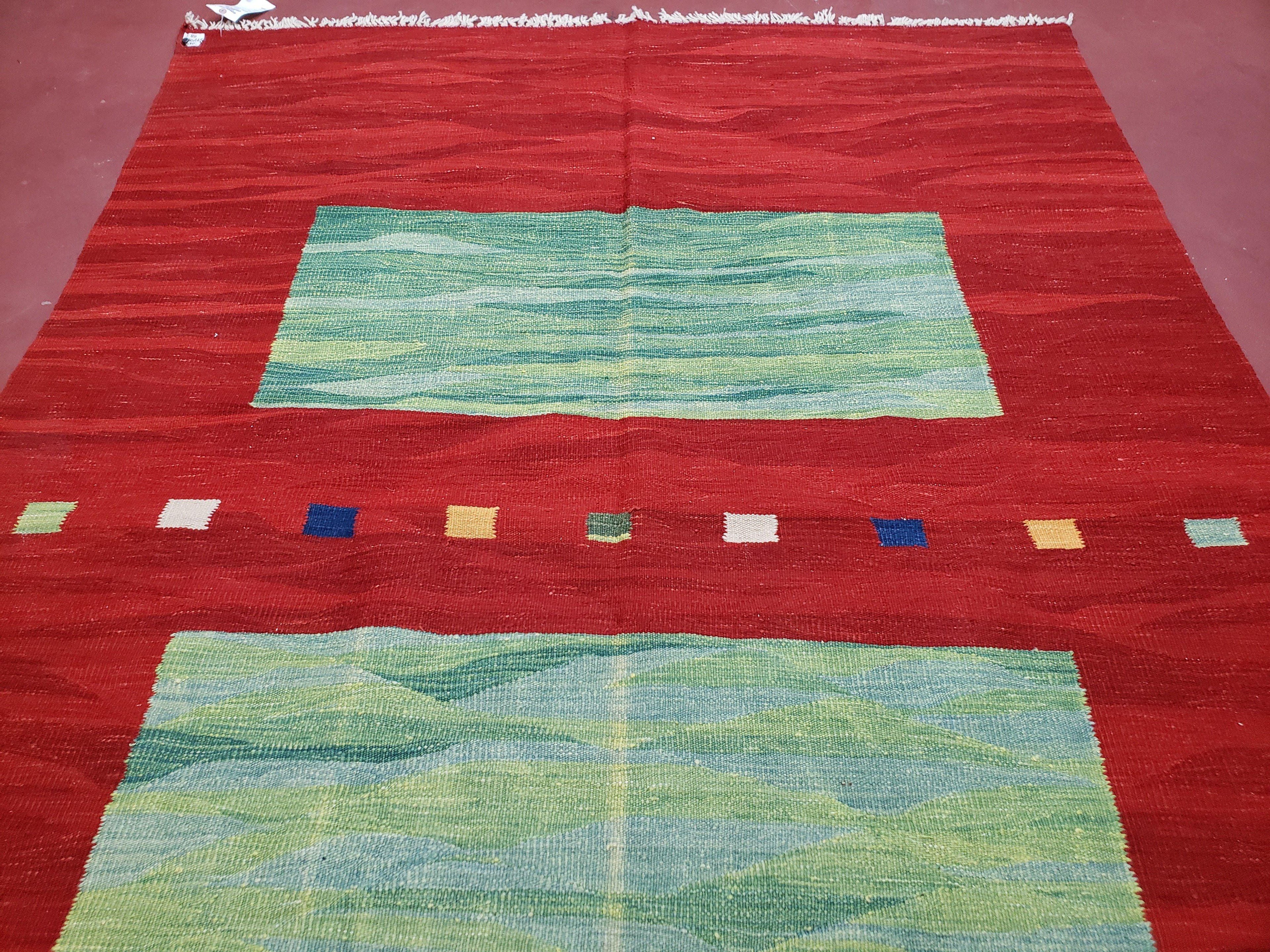 Red Turkish Kilim Rug, 5x7 - 6x8 Rugs, Red and Green Kilim Carpet, Kilim Area Rugs, Flatweave No Pile Rug, New Turkish Rug, Handmade Kilim