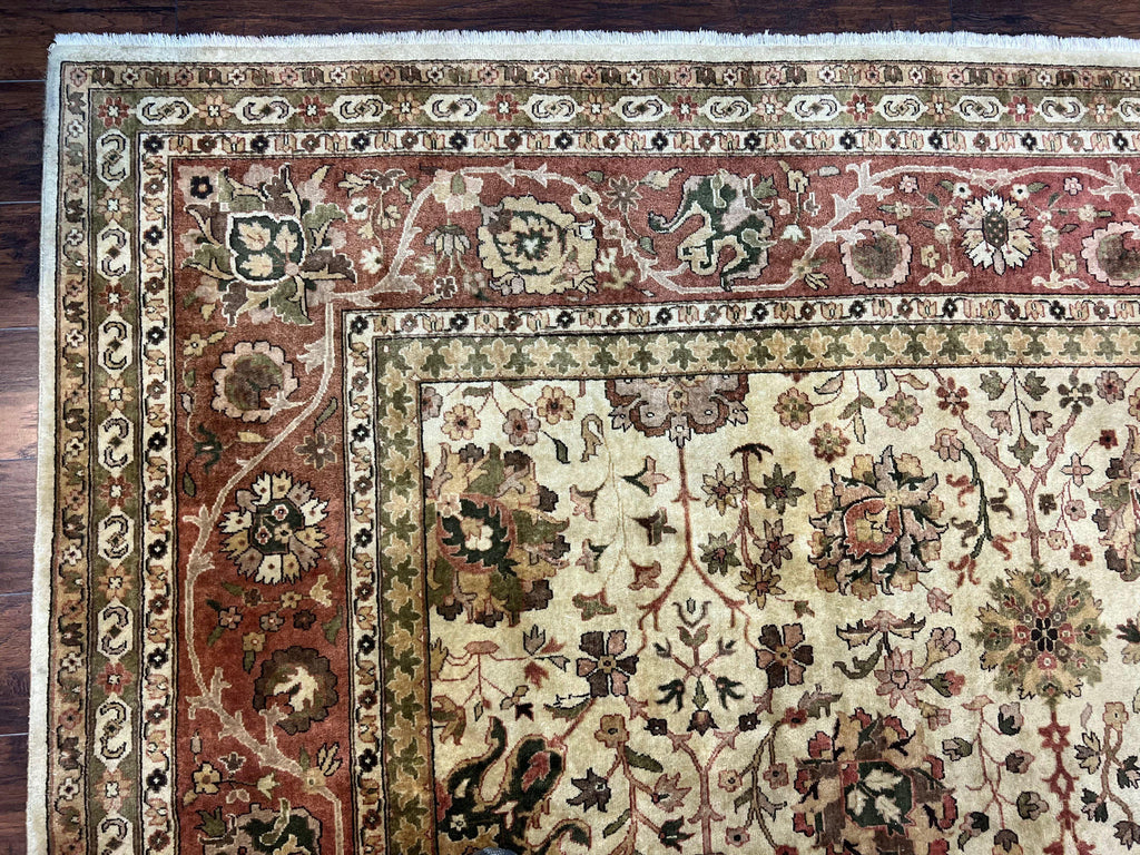 Large Indian Rug 10x14, Hand Knotted Indo Persian Gandehar Oriental Carpet, Vintage Wool Rug 10 x 14 ft Cream Red Floral Allover Traditional