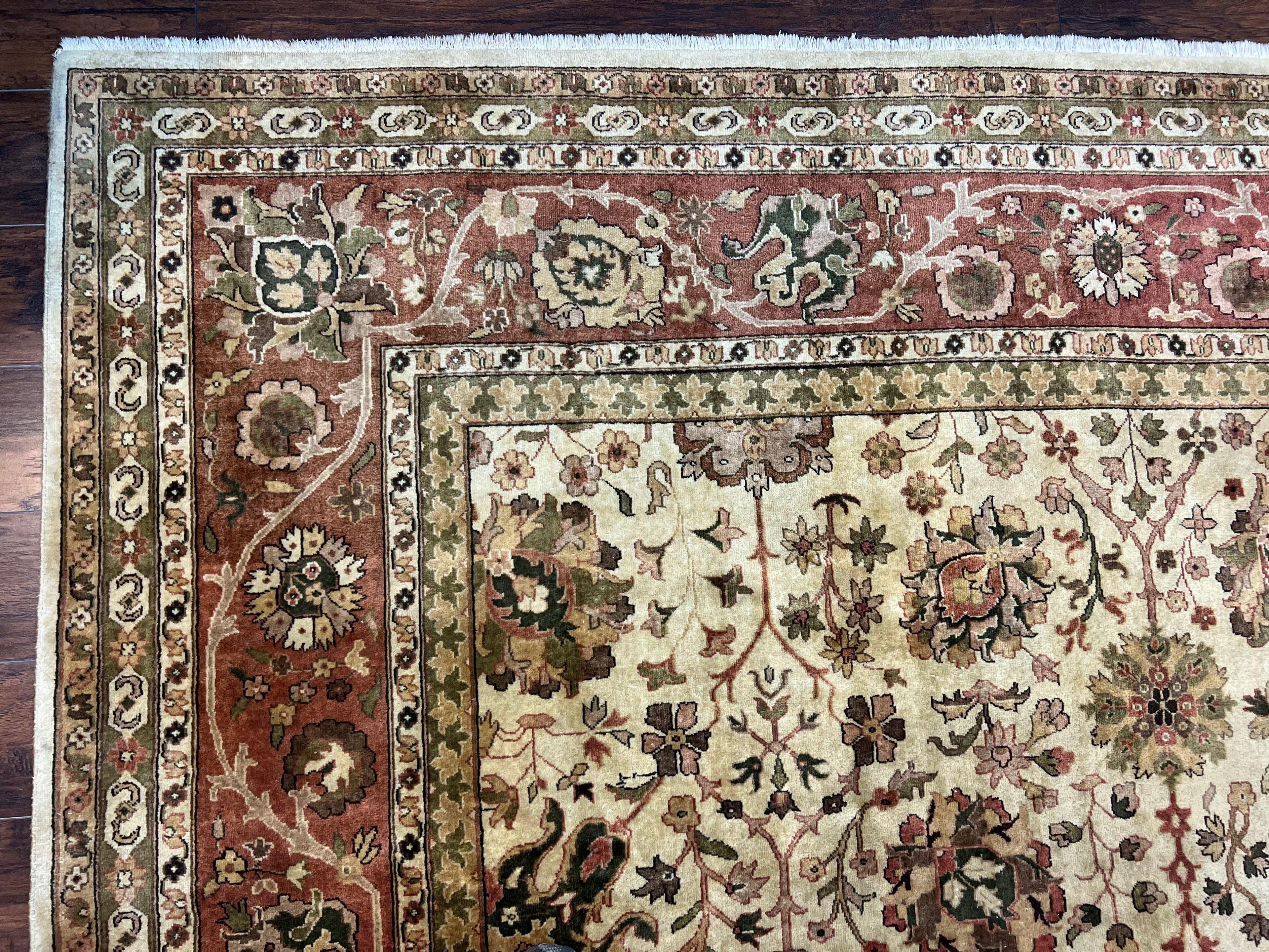 Large Indian Rug 10x14, Hand Knotted Indo Persian Gandehar Oriental Carpet, Vintage Wool Rug 10 x 14 ft Cream Red Floral Allover Traditional