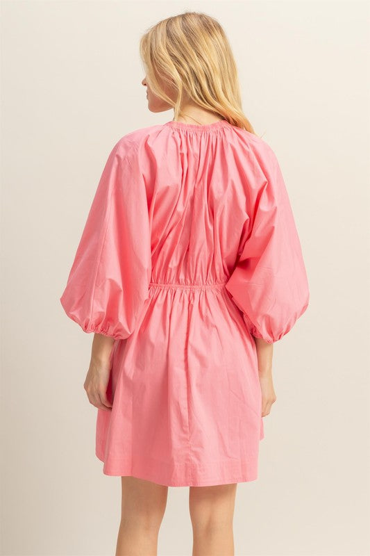Plunge Balloon Sleeve Poplin Mini Dress with Pockets –Bold, Chic, Sexy and Trendy Plunge Neckline Dress with Balloon Sleeves and Functional Pockets