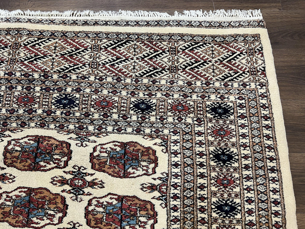 Pakistani Bokhara Rug 8x10, Wool Turkoman Carpet, Ivory/Cream