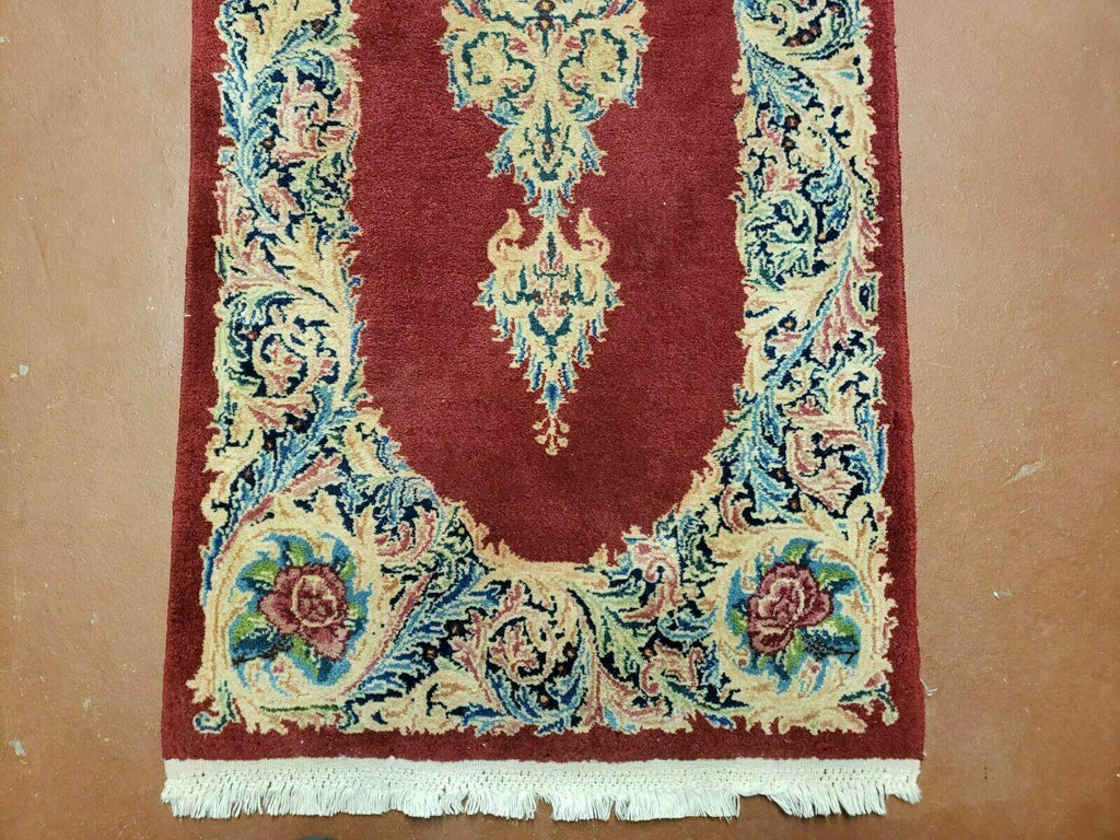 Small Persian Kirman Rug 2x4, Wool Oriental Vintage Handmade Carpet, Hand Knotted Floral Medallion, Red & Beige, Semi Open Field