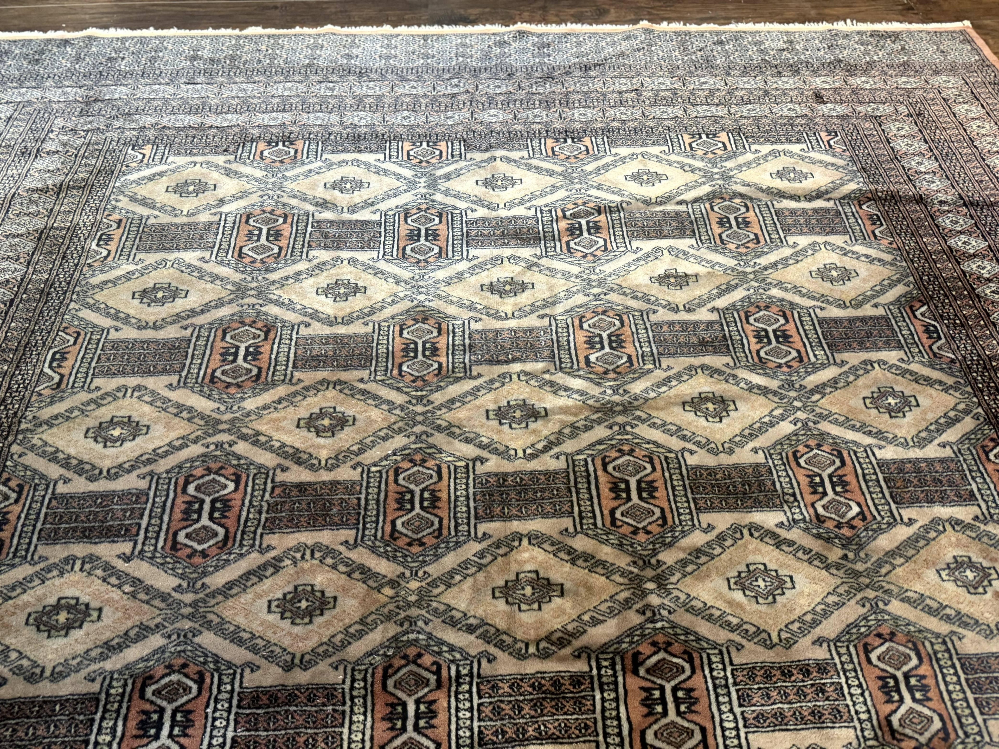 Turkoman Bokhara Rug 8x11, Camel Hair Color, Handmade Vintage Wool Pakistani Carpet