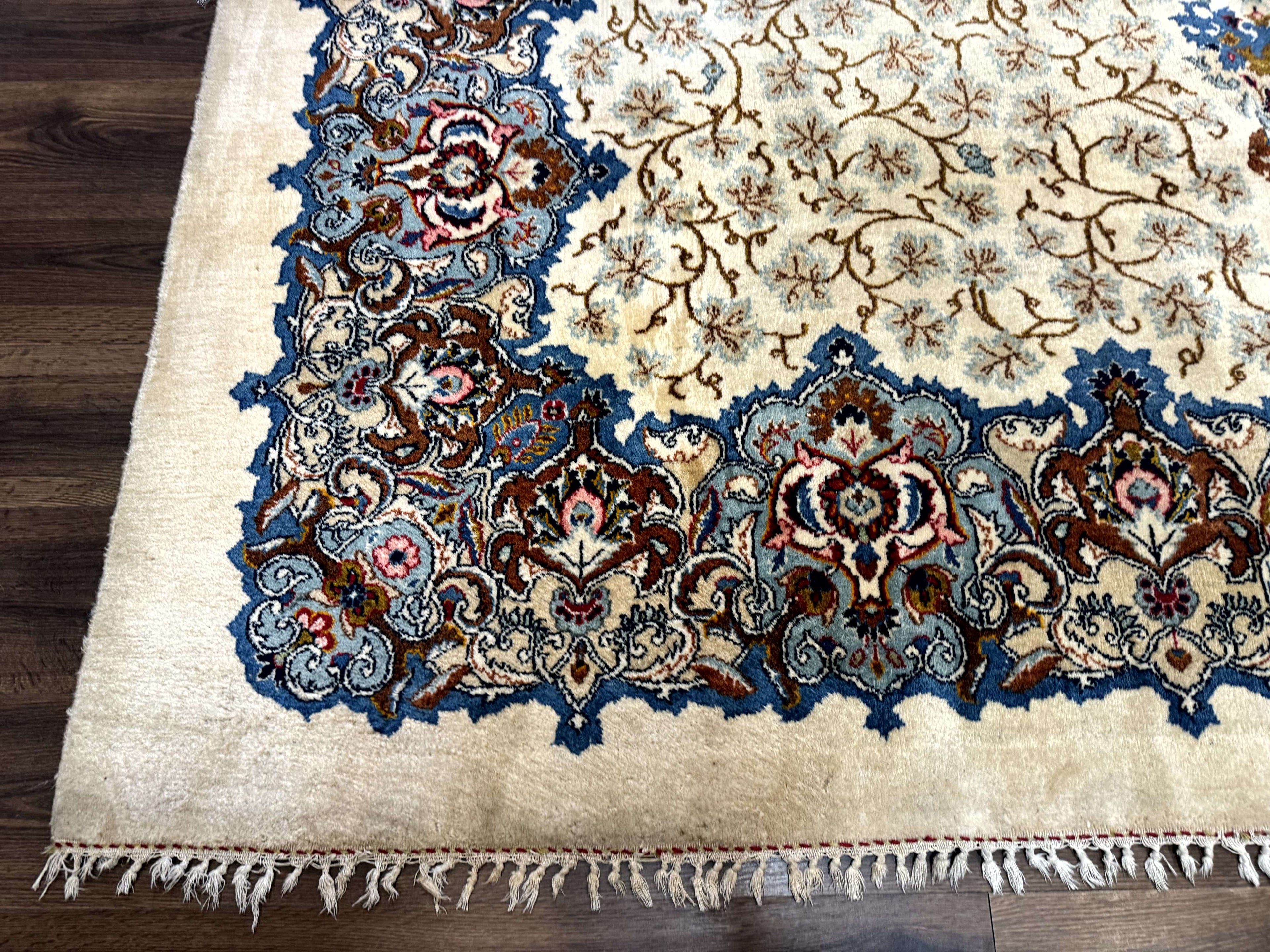Persian Kashan Rug 9 x 12.6, Ivory and Blue, Floral Medallion, Wool Hand Knotted Semi Antique Carpet