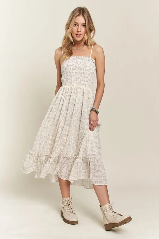Smocked Floral Ruffled Hem Cami Dress For Women – Boho-Inspired Smocked Floral Cami Fluttering Dress with Playful Ruffled Hem