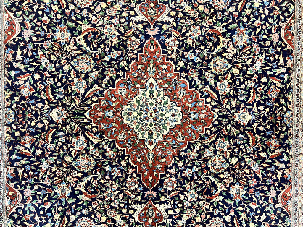 Indo Persian Rug 8x10, Floral Medallion, Vintage Handmade Wool Carpet, Navy Blue and Red, Fine 300 KPSI