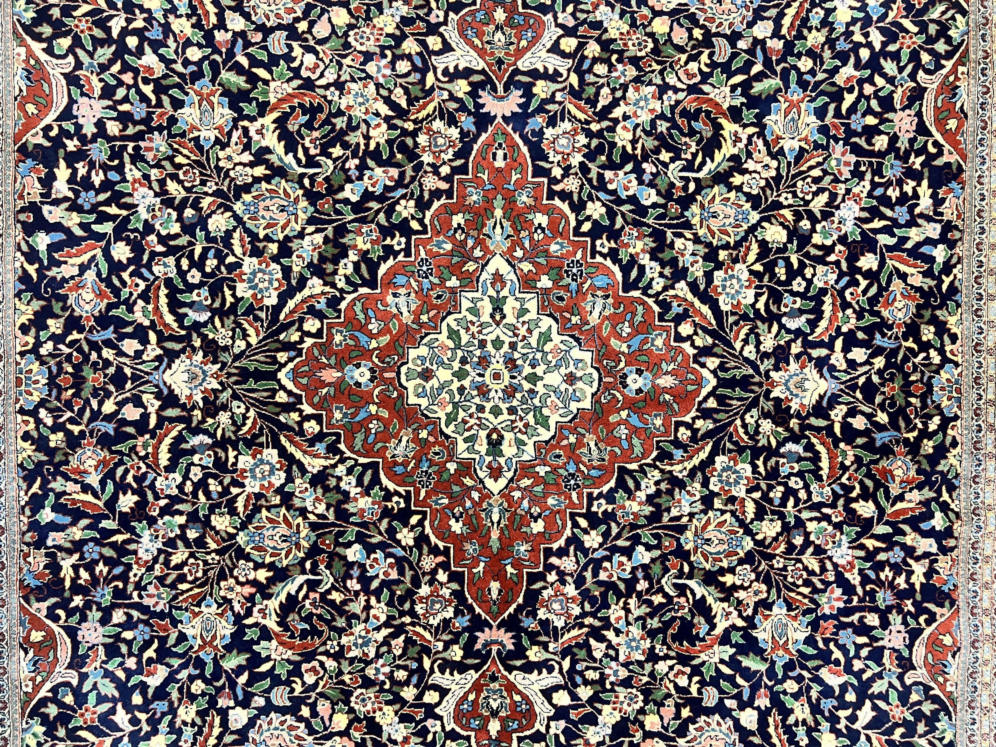 Indo Persian Rug 8x10, Floral Medallion, Vintage Handmade Wool Carpet, Navy Blue and Red, Fine 300 KPSI