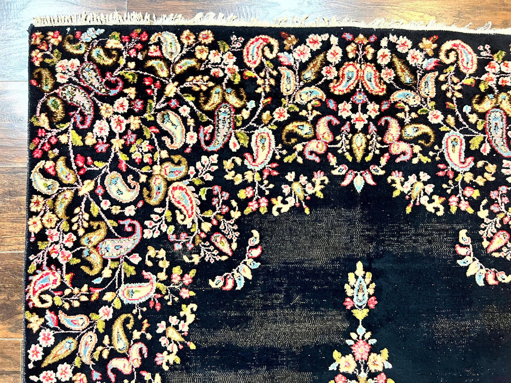 Antique Persian Kirman Rug 5x8, Floral Kirman, Midnight Blue/Black, Semi Open Field, Handmade Vintage Wool Carpet
