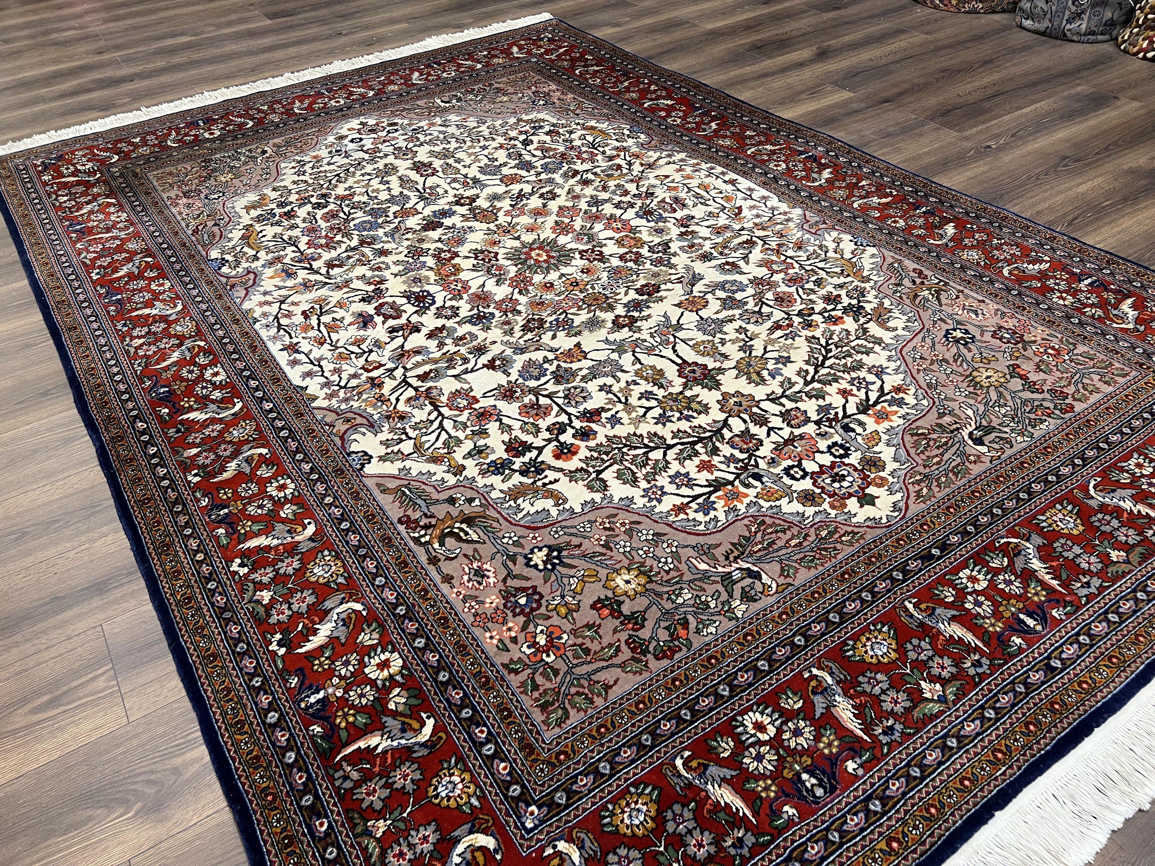 Beautiful Sino Persian Rug 7x10, Circle of Life Tree of Life Rug, Birds, Cream Red Navy Blue Taupe, Wool Silk Accents, Hand Knotted Vintage