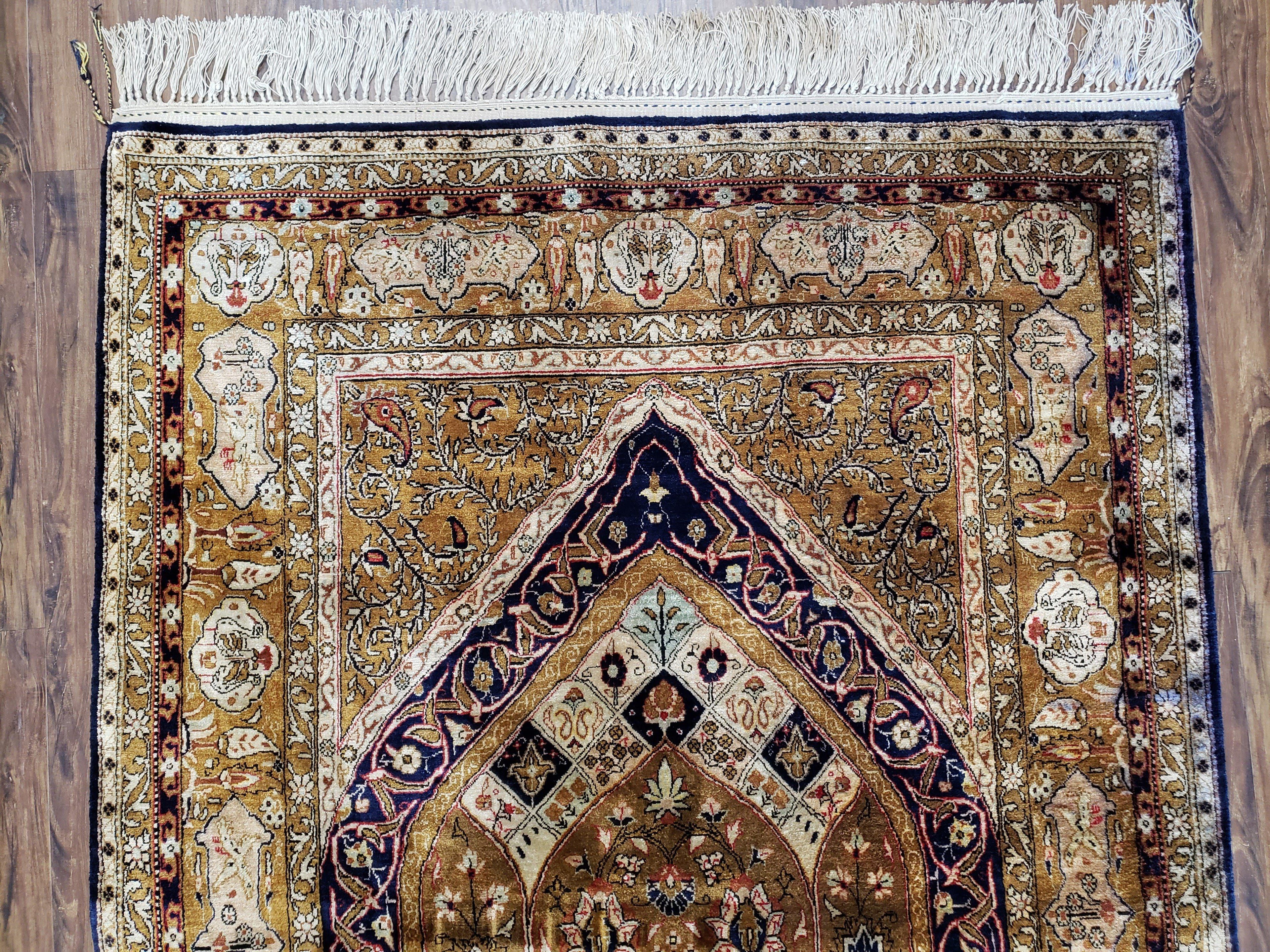 Semi Antique Persian Qum Silk Prayer Rug, Silk, Hand-Knotted, 3'6" x 5'