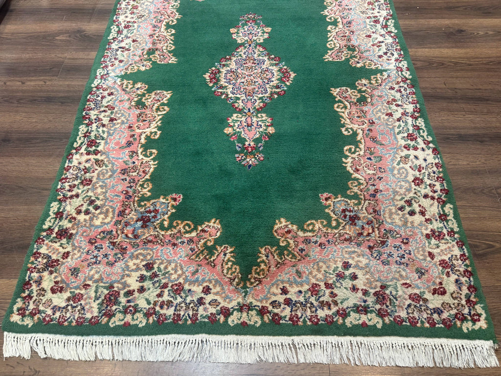 Green Persian Kerman Rug 4x6, Semi Open Field, Green & Cream, Vintage