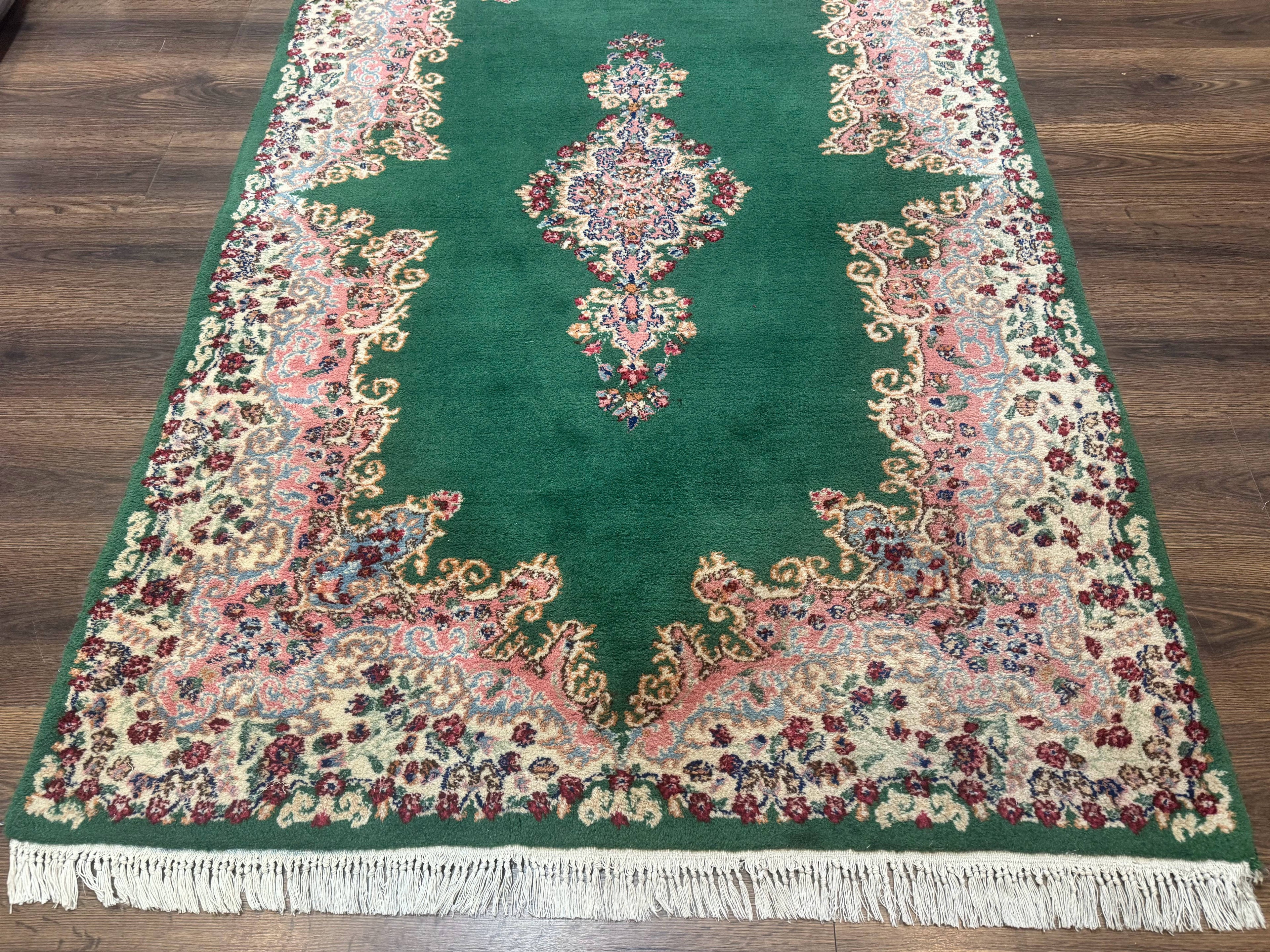 Green Persian Kerman Rug 4x6, Semi Open Field, Green & Cream, Vintage