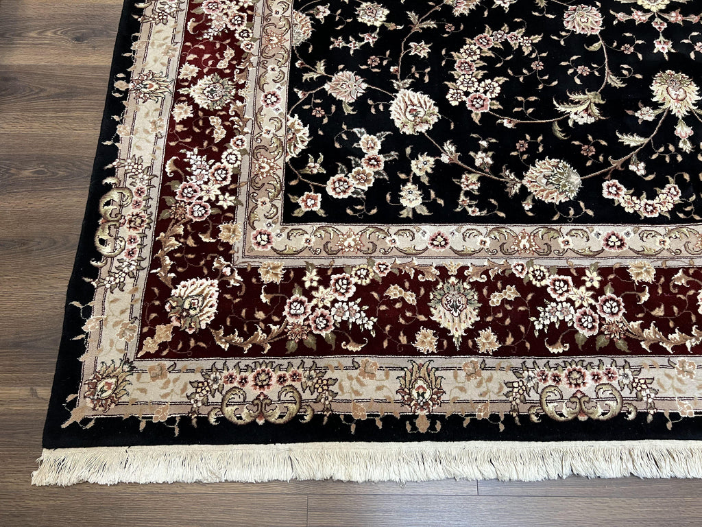 Sino Persian Rug 9x12, High Quality Oriental Carpet, Black and Maroon, Wool and Silk, Allover Floral Pattern, Hand Knotted, Vintage Rug Nice