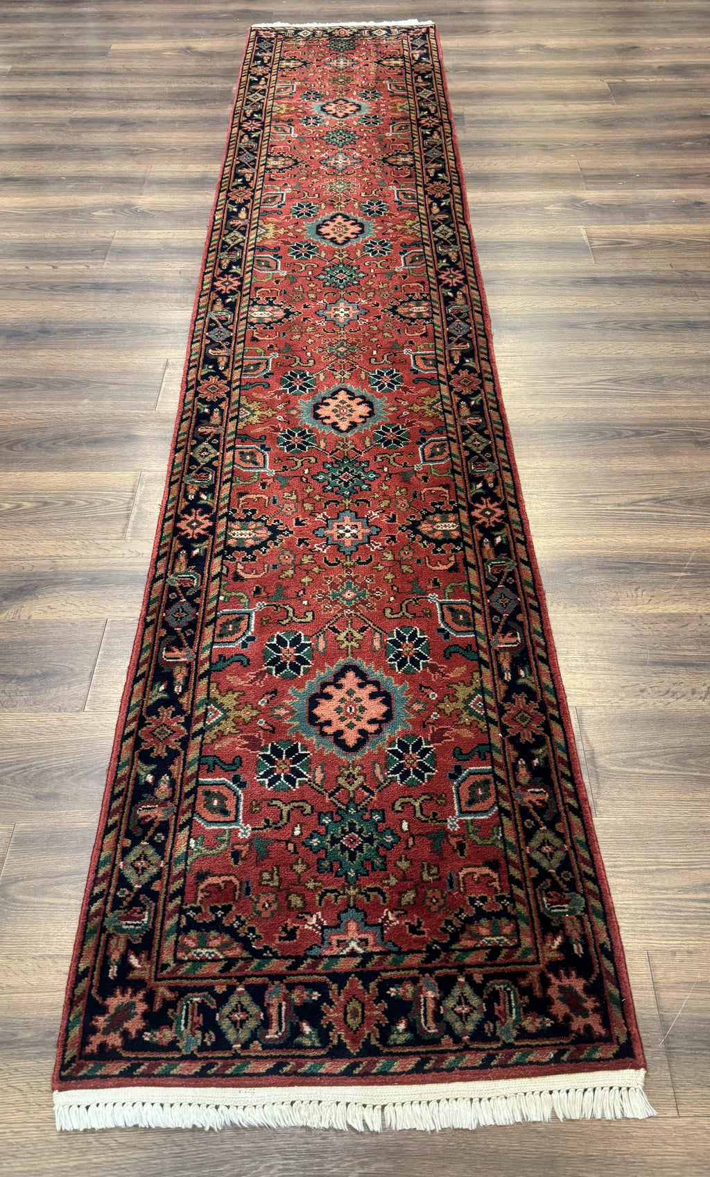 Indo Persian Heriz Runner Rug 2 x 12 ft, Hand Knotted Wool Hallway Rug, Red & Black