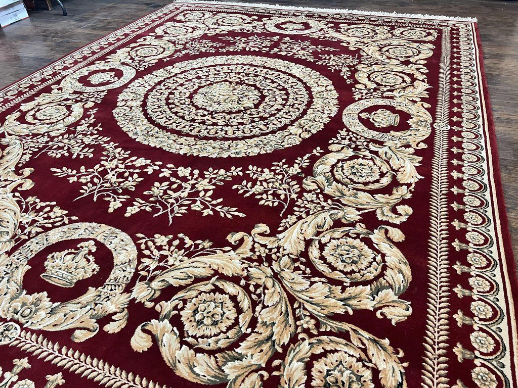 Aubusson Rug 9x12, Wool Handmade Carpet, Elegant French European Design, Dark Maroon Red, 9 x 12 Room Sized Rug, Finely Hand Knotted